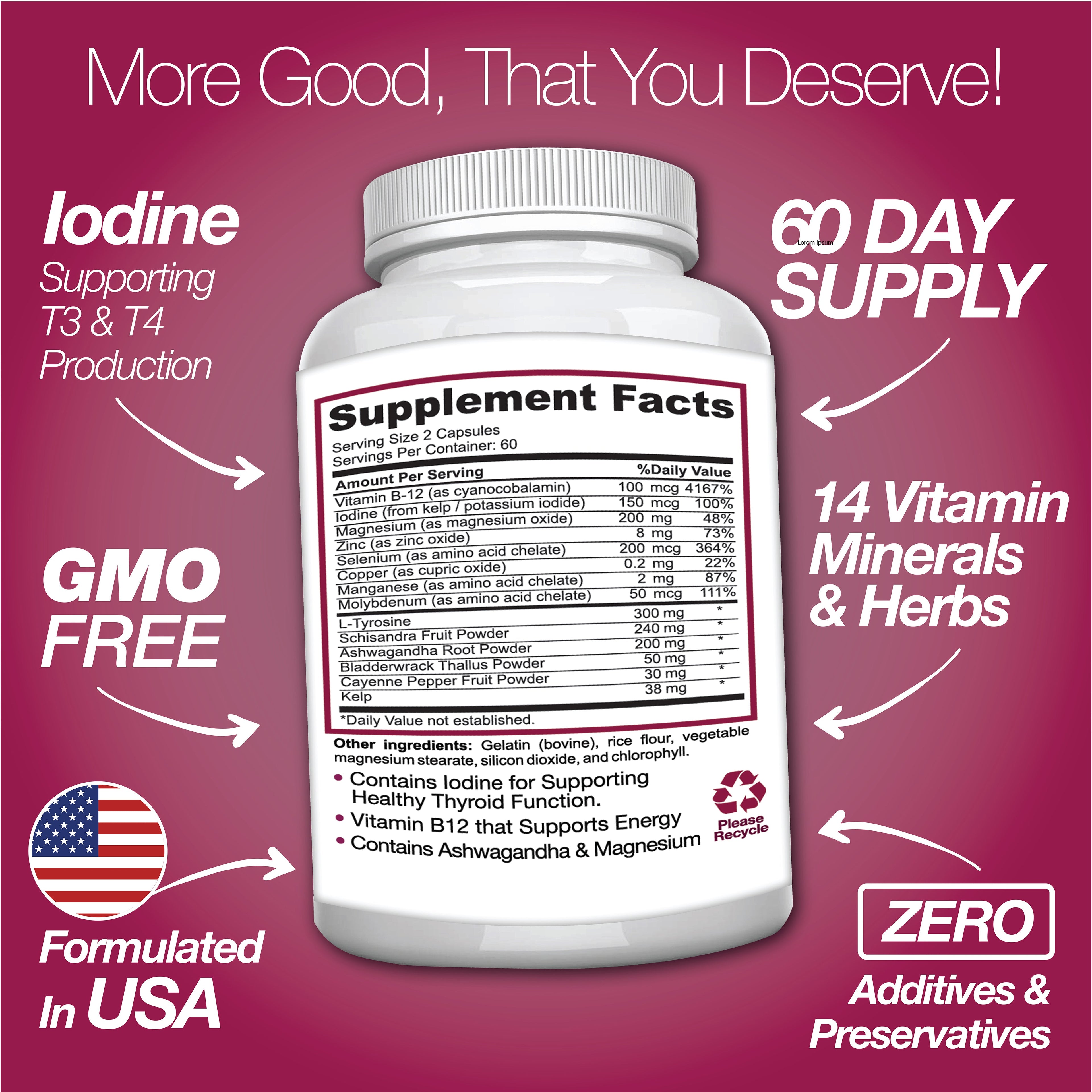 Thyroid Support Supplement with Iodine |120 Capsules to Help Body Mass & Improve Energy