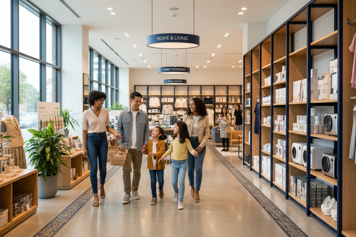 Scene: a cheerful, diverse family (parents and children) shopping together inside a modern retail store — wide aisles, organized shelves with products, warm lighting, and a friendly atmosphere.
The setting should feel like a clean, well-lit department or lifestyle store with natural daylight coming through big windows.
Include subtle brand colors — soft gold (#F4C95D) and navy (#2B3A67) accents in the decor or signage.
The mood: happy, inviting, and trustworthy, appealing to all ages.
Composition: wide pano